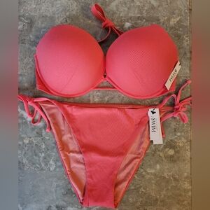34DD/M ❤️Sale VS Swim Bombshell PushUp Bikini Top Side Tie Cheeky Bikini Set
